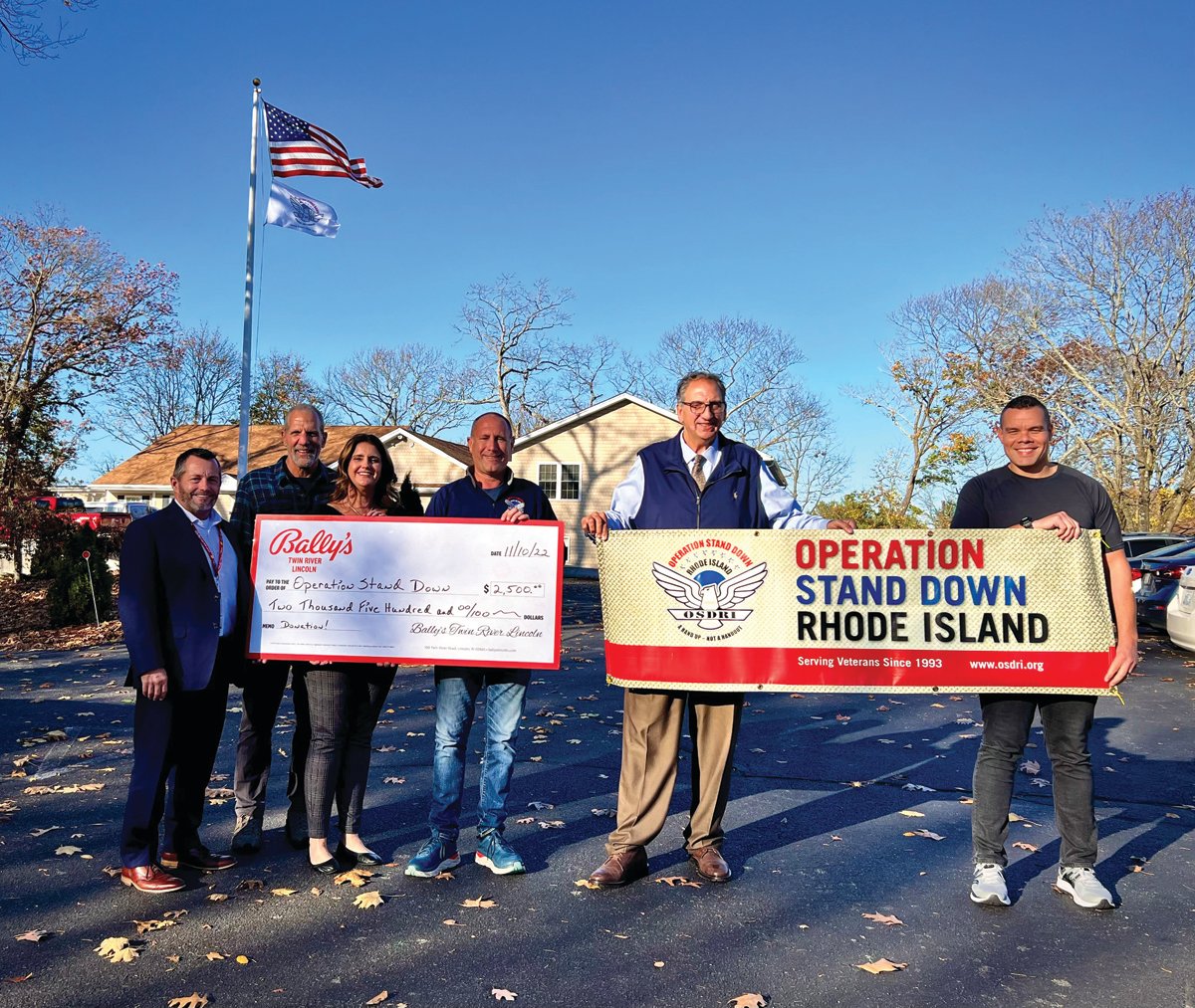 HONORING VETERANS: Executives from Bally’s Rhode Island recently presented a check for $2,500, as well as hygiene products from its recent employee drive to Operation Stand Down Rhode Island (OSDRI), based in Johnston. Joining Kim Ward, Regional Executive Director of Public & Community Affairs, was Craig Sculos, Senior Vice President and General Manager of Bally’s Tiverton Casino & Hotel and Tony Rohrer, Vice President and General Manager of Bally’s Twin River Lincoln Casino Resort. They presented the check and products to Erik Wallin, Captain, USAF and Executive Director of Operation Stand Down.